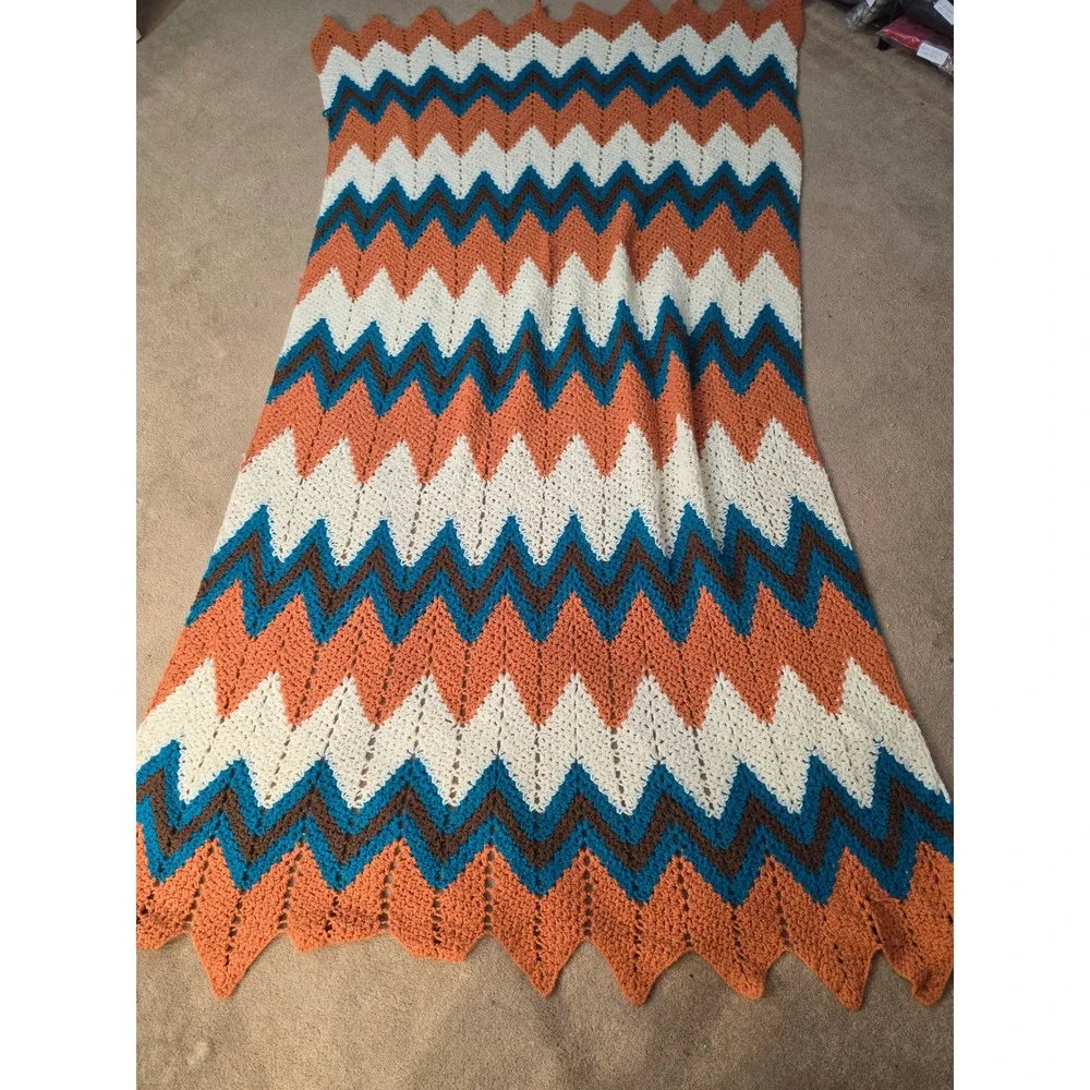 Vintage Handmade Crochet Afghan Blanket Orange Teal Brown Chevron Ripple 43x83